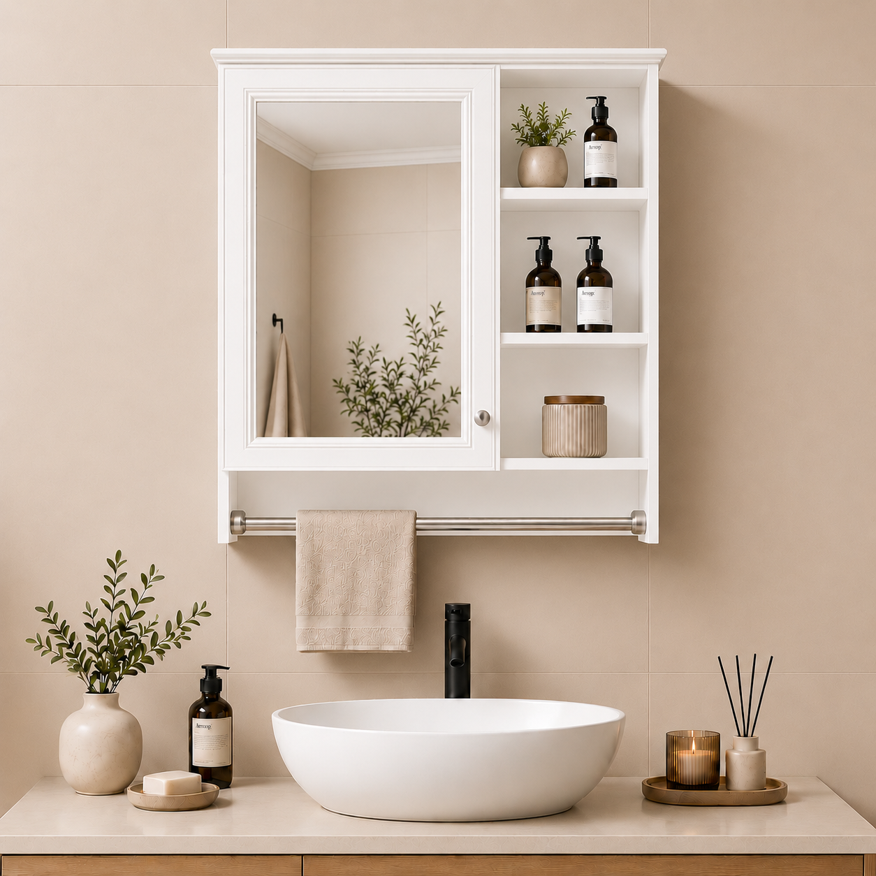 30 in. W x 28 in. H Rectangular Wall Mounted Medicine Cabinet with Mirror, Open Storage and Towel Bar White 1_f86c7ba8-0975-45c3-96f9-a0096bf6c9ca