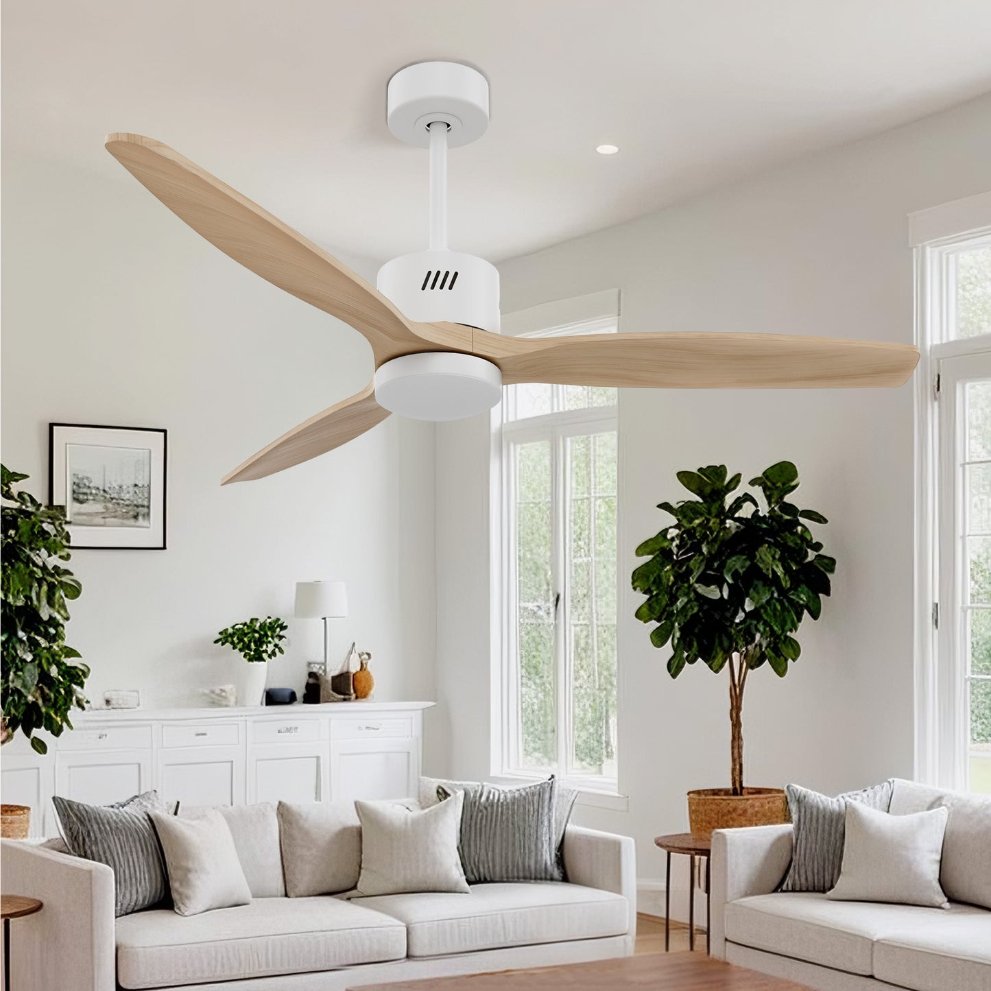 Taimei Glio 52 in. Downrod Standard Ceiling Fan with Integrated LED with Remote Included DC Motor Reversible White & Light Oak 2_002cbf76-105f-4acd-b131-93adf87bd507