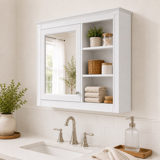 Serenity 36 in. W x 28 in. H Rectangular Wall Mounted Medicine Cabinet with Mirror, Open Storage in White