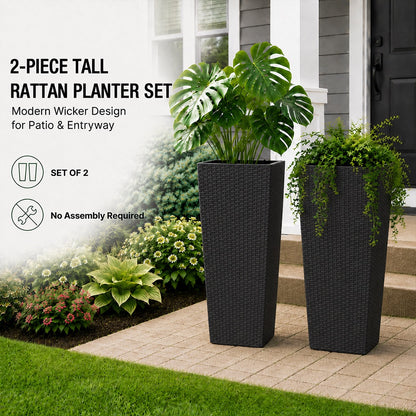 Cendra 22 in. Black Faux Rattan Polypropylene Self-Watering Square Planter (2-Pack) for Indoor/Outdoor Use