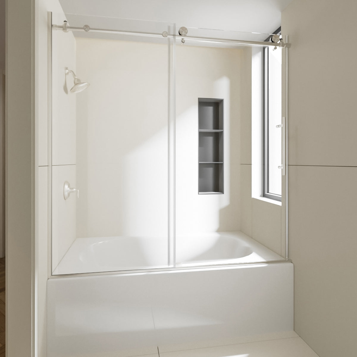 Nivorix Nexus 60 in. W x 60 in. H Sliding Semi-Frameless Tub Door with Clear Tempered Glass