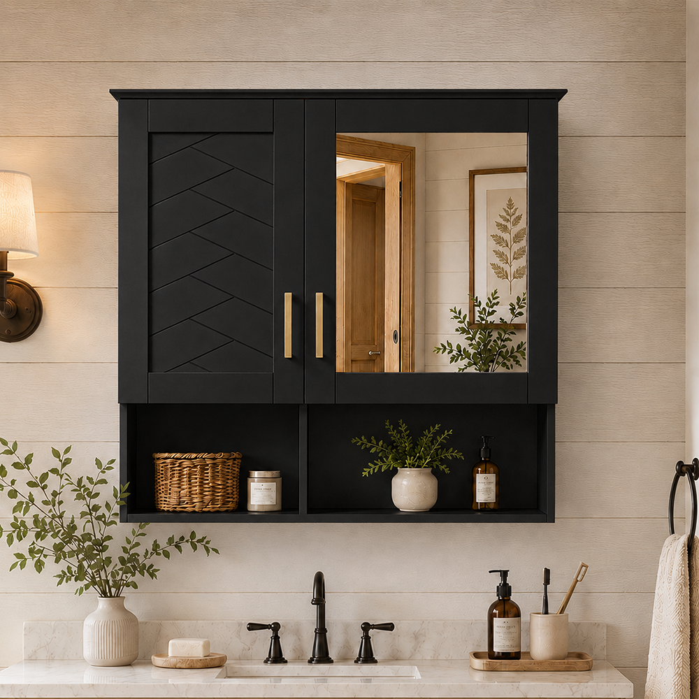 Harbor 30 in. W x 28 in. H Rectangular Surface Mounted Medicine Cabinet with Mirror and Open Storage Matte-Black 2_258790f9-e019-4eda-a2d4-9946052db029
