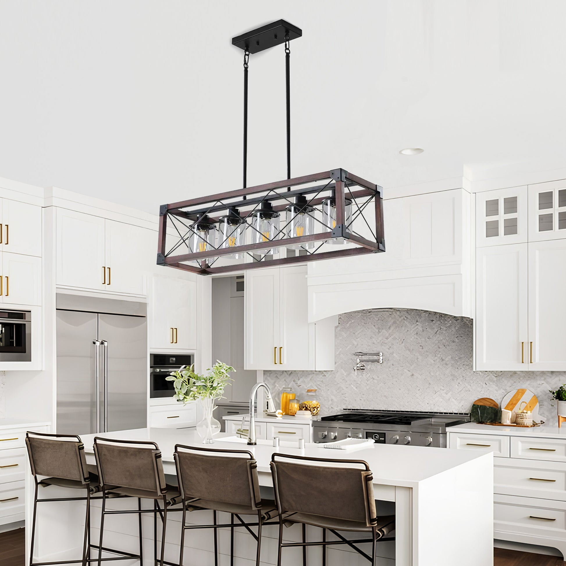 Taimei Fioris 32 in. 5-Light Industrial Farmhouse Rectangle Pendant Light With Lampshades 2_295decb4-dd74-43d5-afeb-c839db2a3bc8