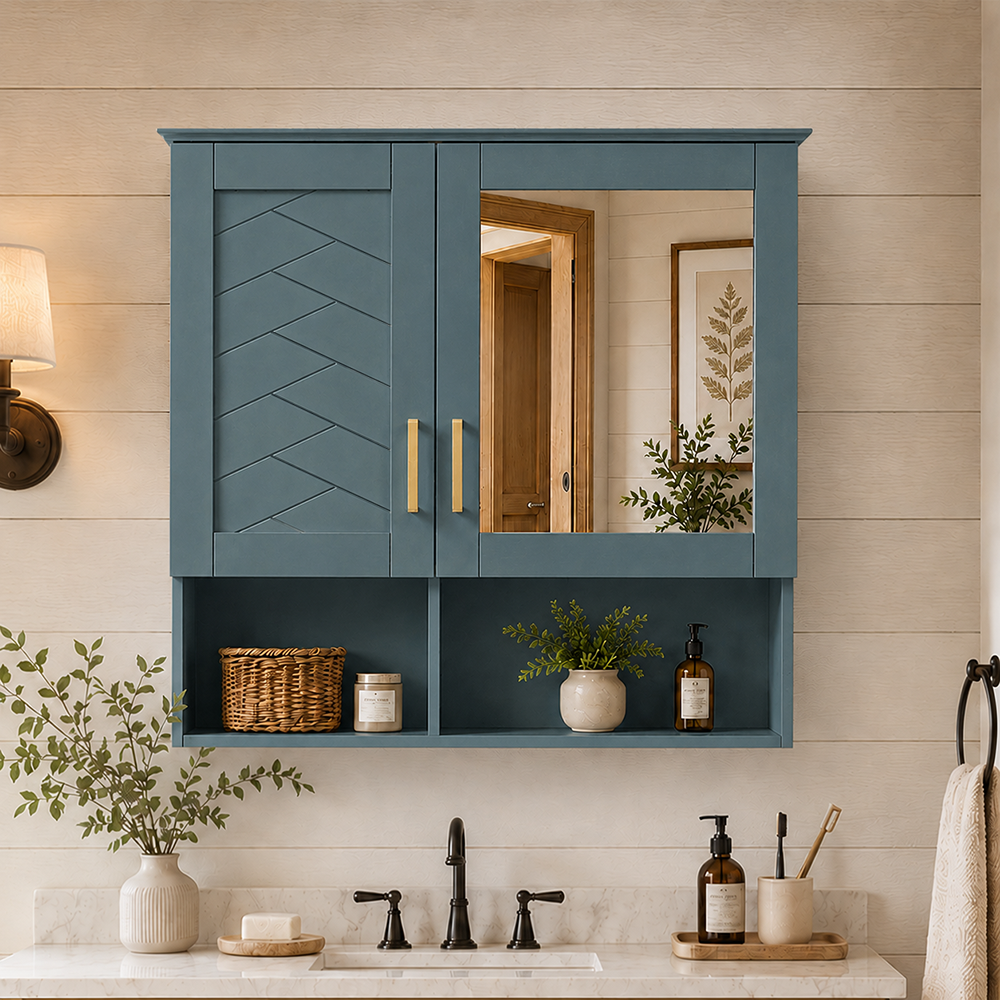 Harbor 30 in. W x 28 in. H Rectangular Surface Mounted Medicine Cabinet with Mirror and Open Storage Blue 2_48ebd833-2eef-4eb6-bf02-de879d8a90dd