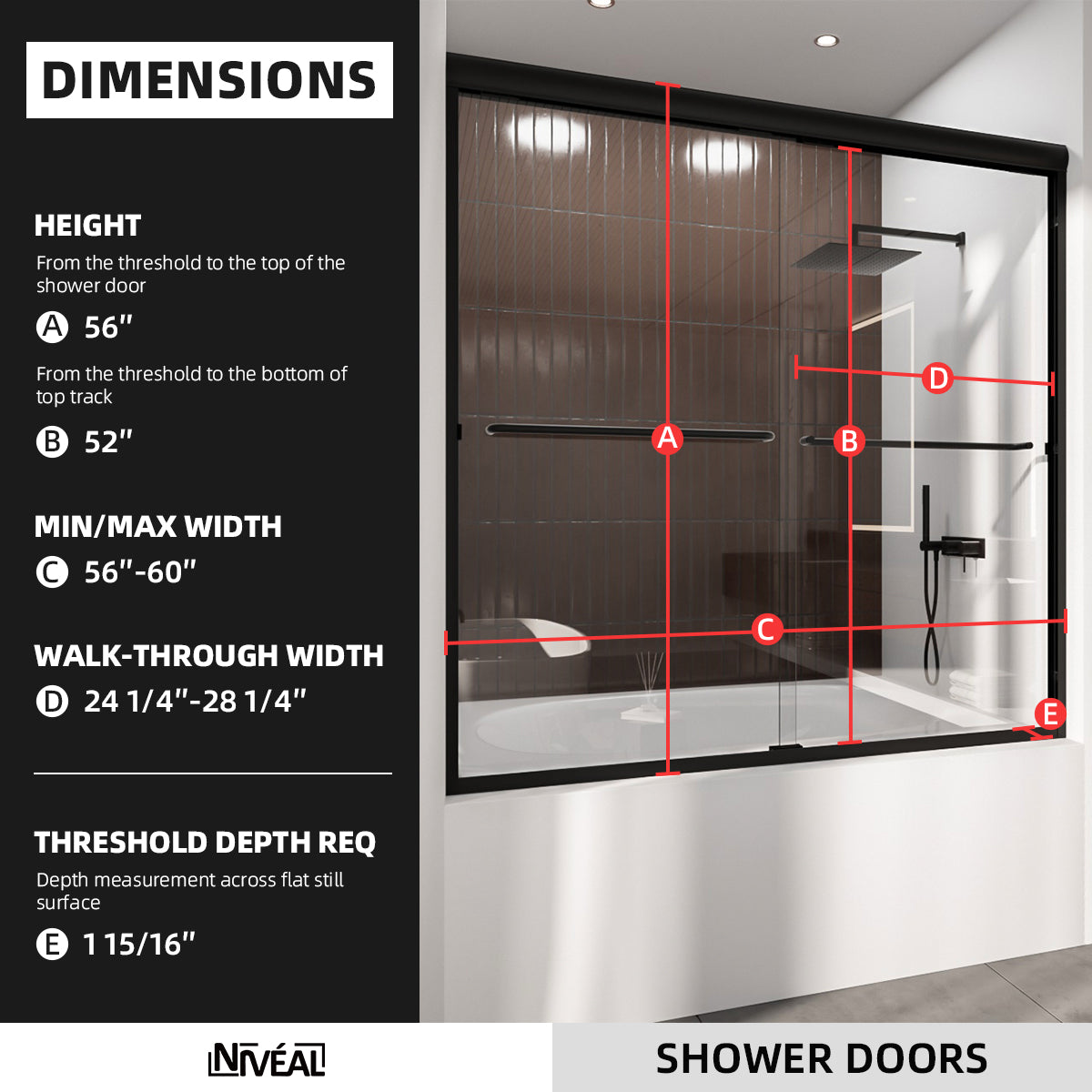 Niveal Victory 56 in. H x 60 in. W Sliding Semi-Frameless Tub Door with Clear Glass 2_4f1f19fa-0465-4a33-94dc-a5898a529fc1