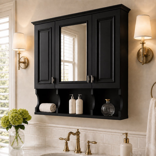 35'' x 28'' Wall Mounted Bathroom MDF Medicine Cabinet with Mirror 3 Doors with Open Shelves
