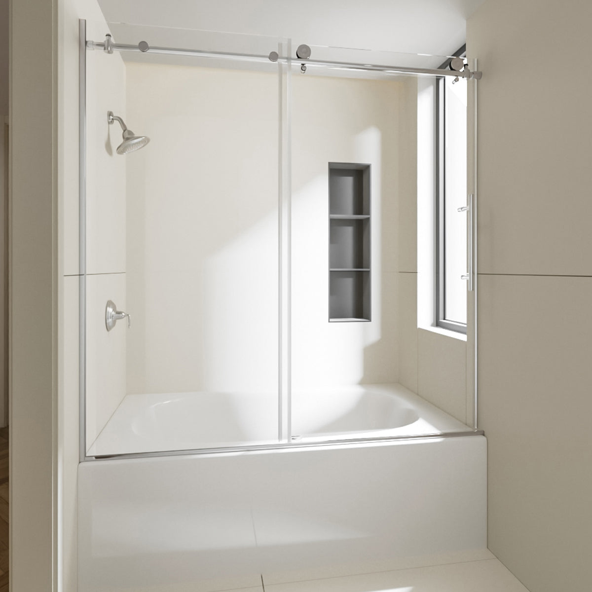 Nivorix Nexus 60 in. W x 60 in. H Sliding Semi-Frameless Tub Door with Clear Tempered Glass