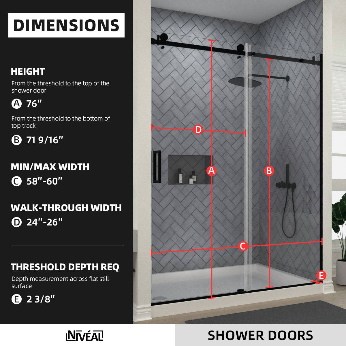 Niveal Vista 60 in. W x 76 in. H Sliding Semi-Frameless Shower Door with Clear Glass