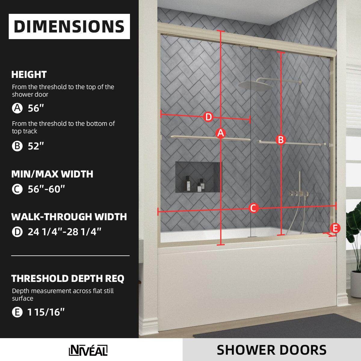 Niveal Bliss 60 in. W x 56 in. H Sliding Semi Frameless Tub Door with Clear Glass 2_8798f654-9c6e-4a37-adde-1b52ddaa03de