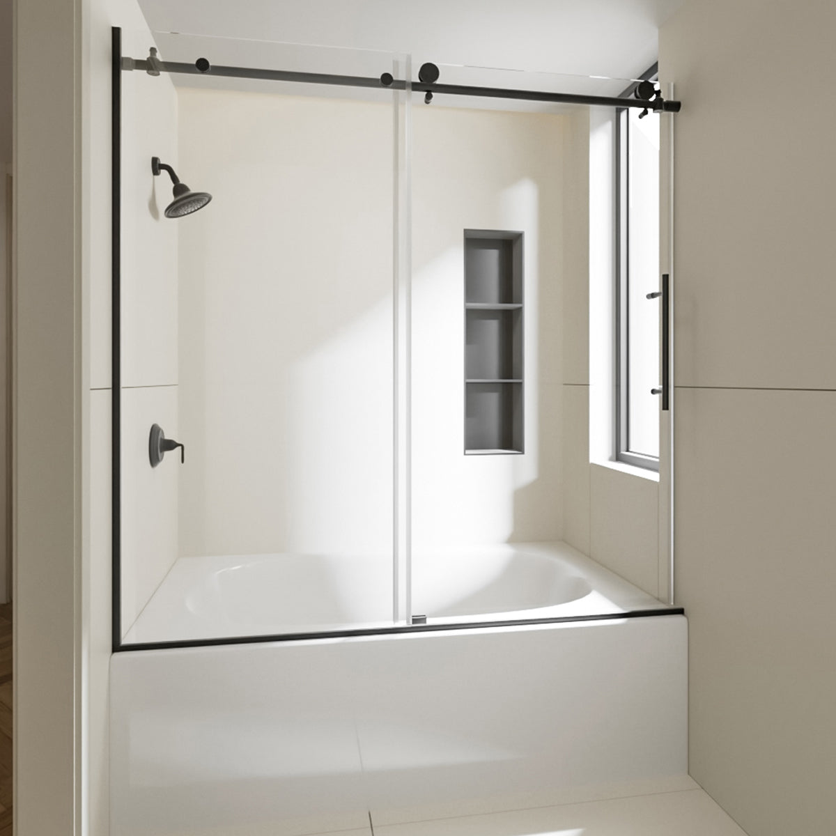 Nivorix Nexus 60 in. W x 60 in. H Sliding Semi-Frameless Tub Door with Clear Tempered Glass