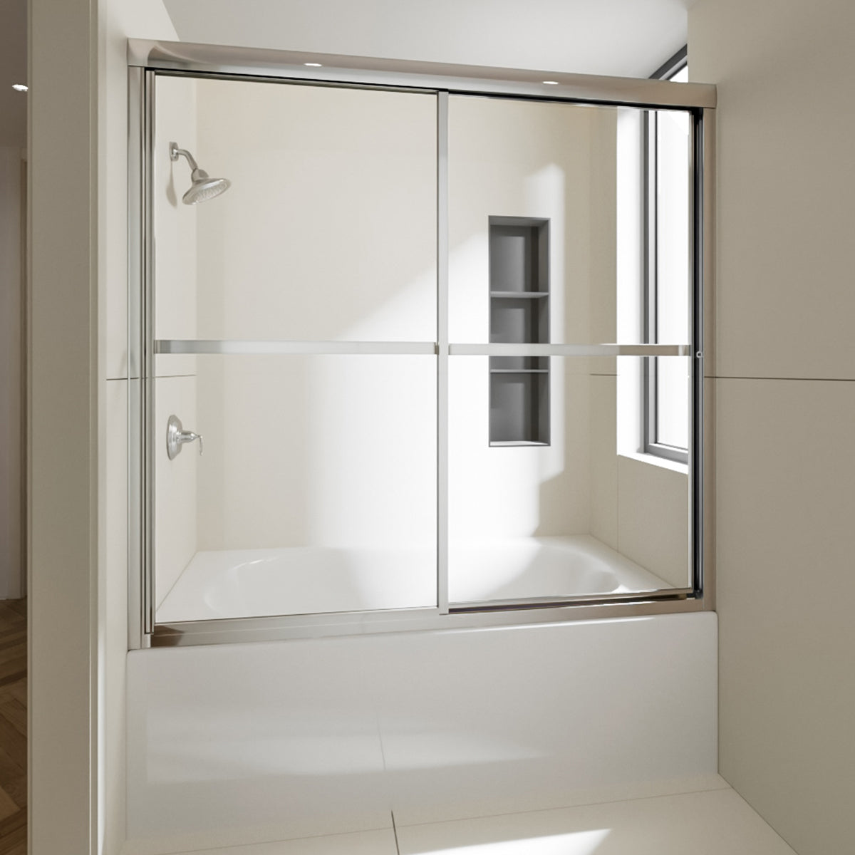 Nivorix Cleo 59 in. W x 56 in. H Sliding Framed Tub Door with Clear Tempered Glass