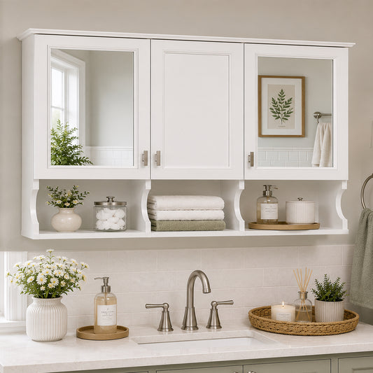 Solace 55 in. W x 28.7 in. H Rectangular Wall Mounted MDF Medicine Cabinet with Mirror and Open Storage in White 2_a649aa0b-c806-4e1d-8196-c6fd6d43fdc3