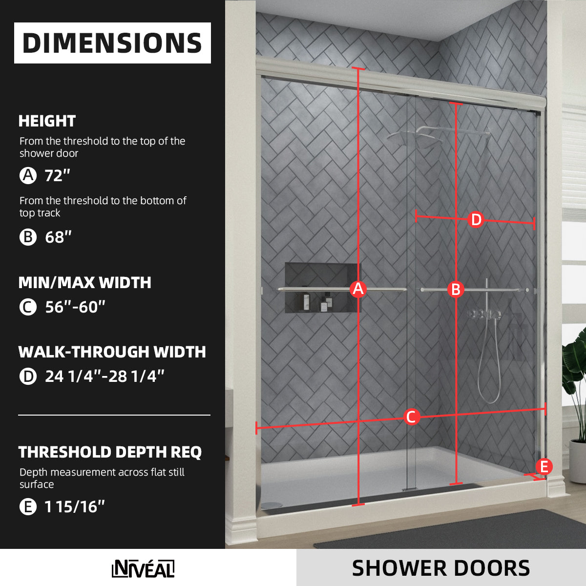 Niveal Bliss 60 in. W x 72 in. H Sliding Semi-Frameless Shower Door with Clear Glass