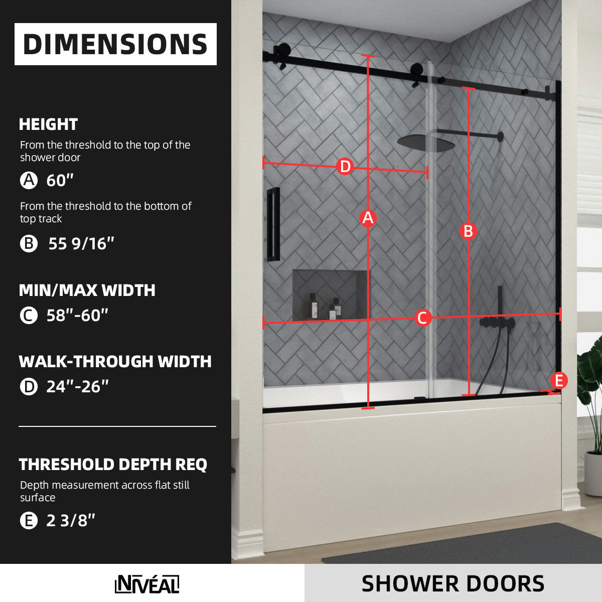 Niveal Vista 60 in. W x 60 in. H Sliding Semi-Frameless Tub Door with Clear Glass 2_c1809365-f84e-4ae3-b19a-ee6c4267ffa6