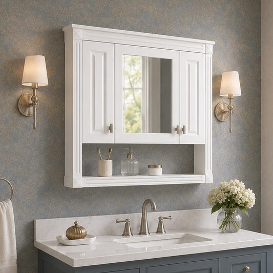 Sienna 35 in. W x 28 in. H Rectangular MDF Wall Mounted Medicine Cabinet with Mirror and Open Storage in White 2_c904b1ed-1ffc-4aa9-8341-750334660d9f