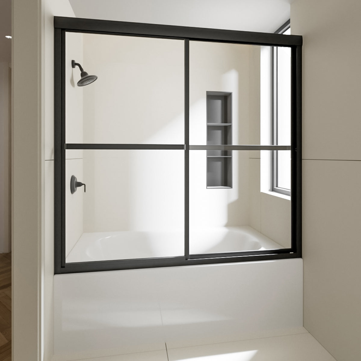 Nivorix Cleo 59 in. W x 56 in. H Sliding Framed Tub Door with Clear Tempered Glass