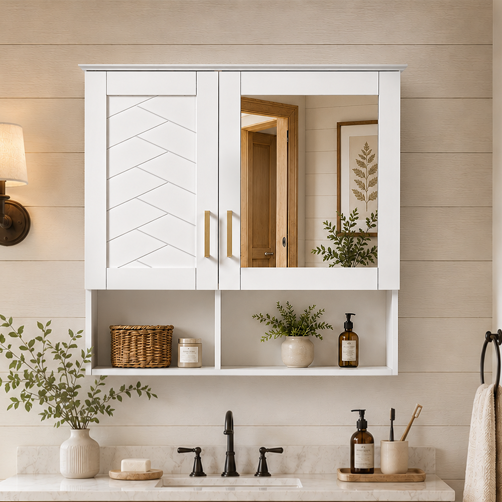 Harbor 30 in. W x 28 in. H Rectangular Surface Mounted Medicine Cabinet with Mirror and Open Storage White 2_d9dbd1c5-e424-4ce9-a415-322668ed8d6f