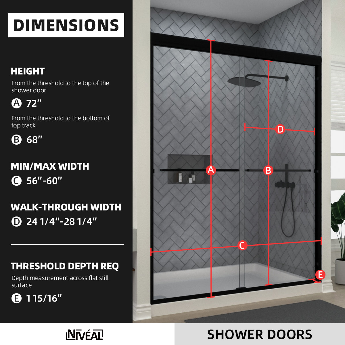 Niveal Bliss 60 in. W x 72 in. H Sliding Semi-Frameless Shower Door with Clear Glass