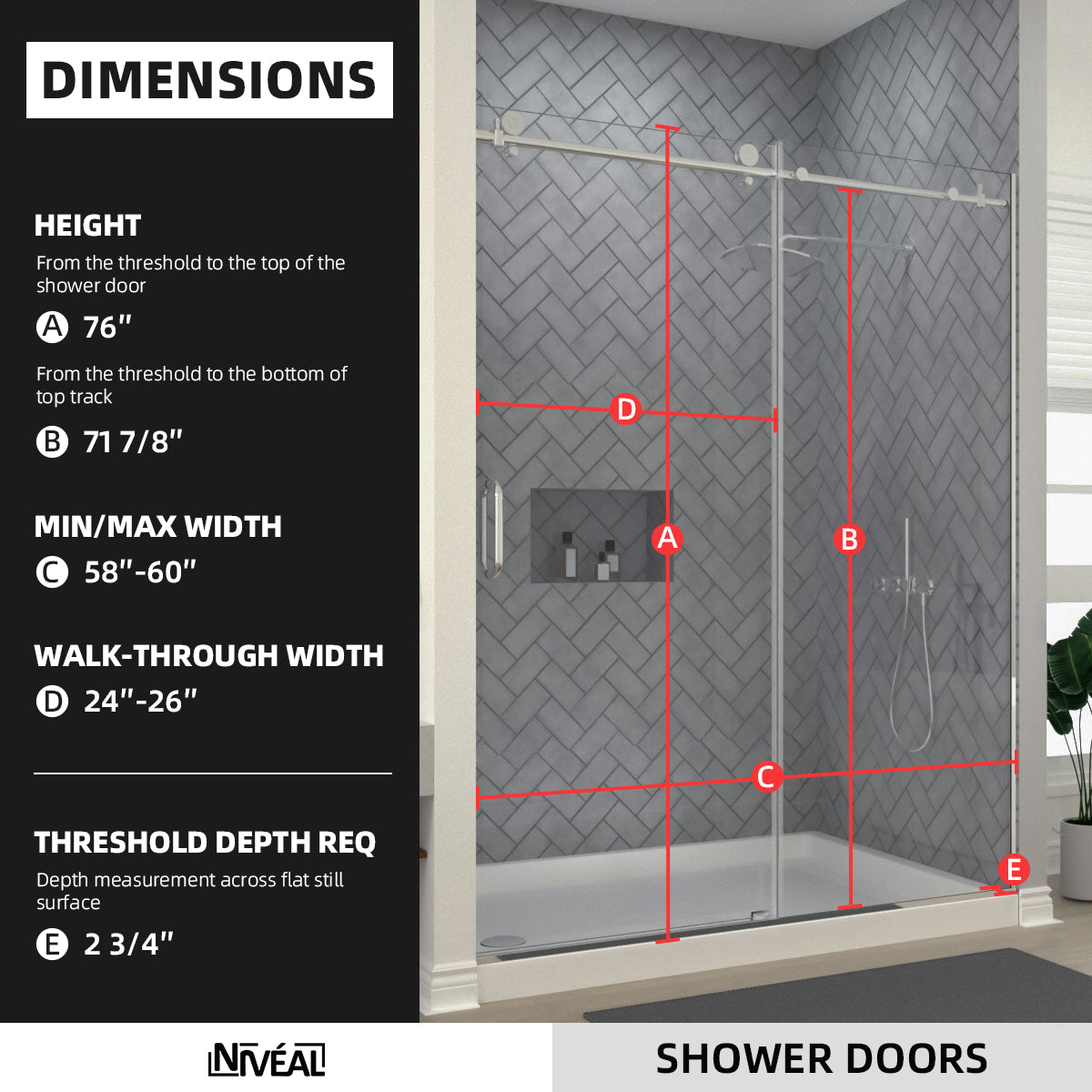 Niveal Luxe 60 in. W x 76 in. H Sliding Semi-Frameless Shower Door with Clear Glass