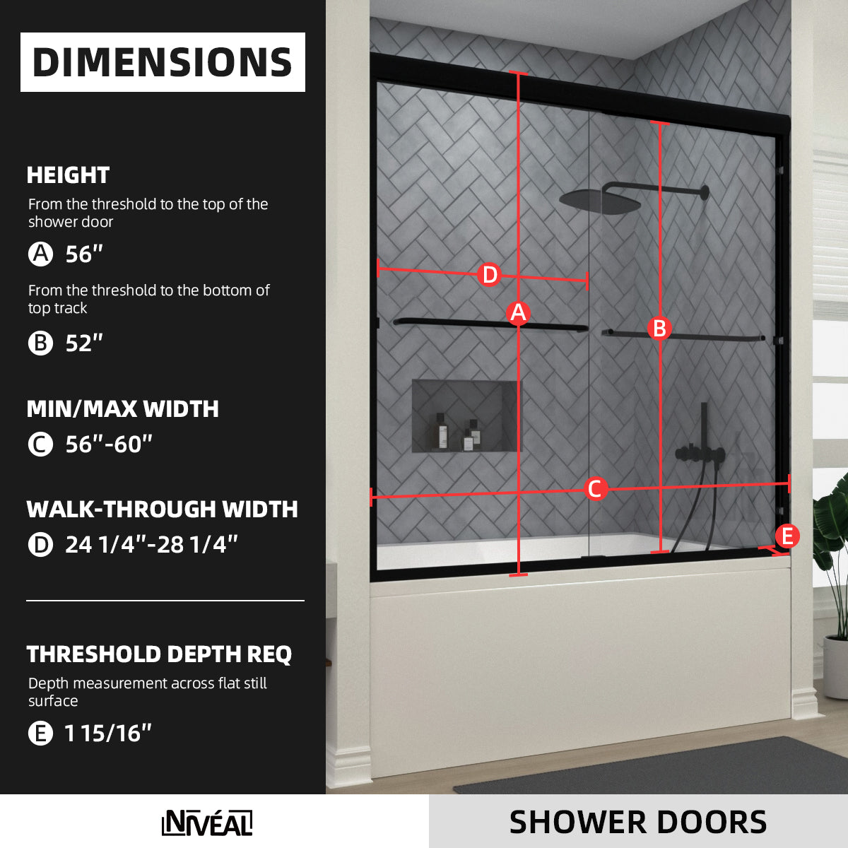Niveal Bliss 60 in. W x 56 in. H Sliding Semi Frameless Tub Door with Clear Glass 2_edc9b8c8-2290-4841-a3a4-eca25f41cda2