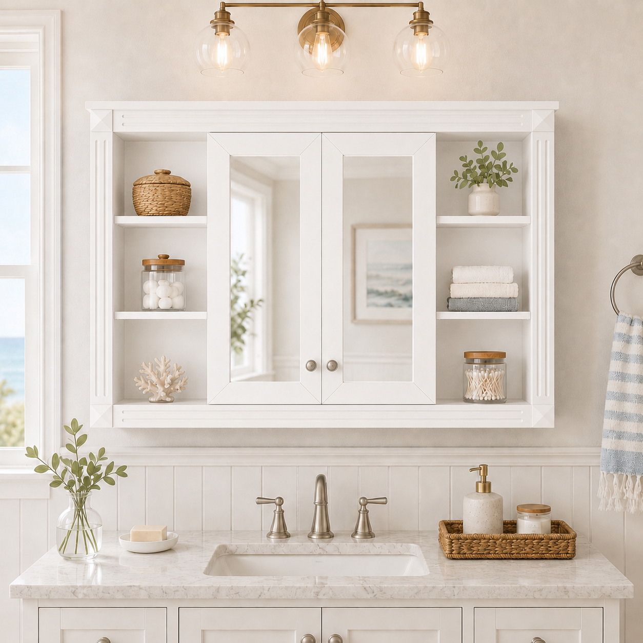 Haven 47 in. W x 28 in. H Rectangular Surface Mounted Medicine Cabinet with Mirror and Open Storage White 2_fd9a2509-484c-47e7-81a8-37d818288b2f