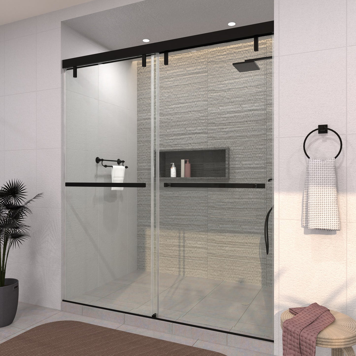 TaiMei 60 in. W x 76 in. H Sliding Semi-Frameless Shower Door with Clear Glass 3652-7260-BL02