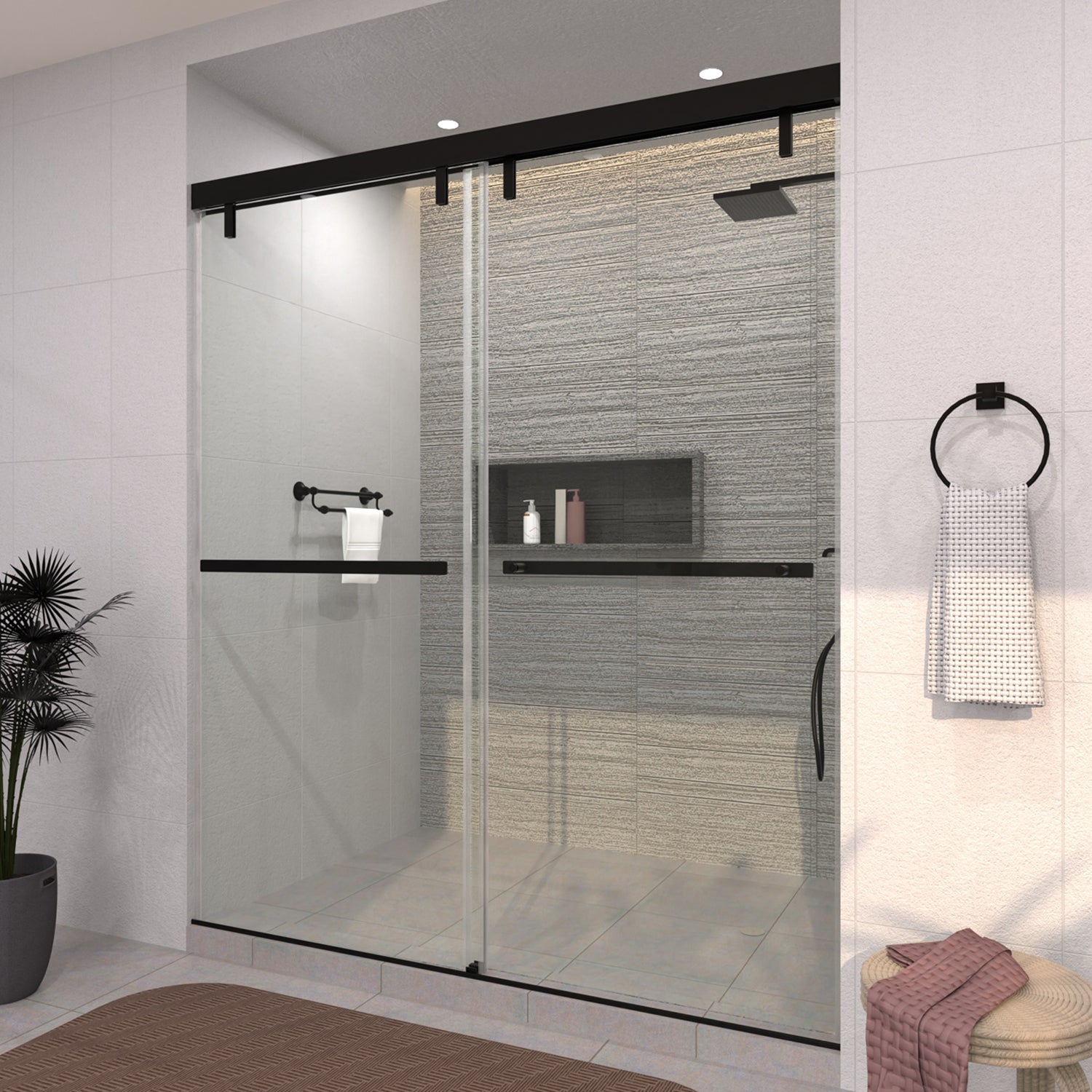 TaiMei 60 in. W x 76 in. H Sliding Semi-Frameless Shower Door with Clear Glass 3652-7260-BL02