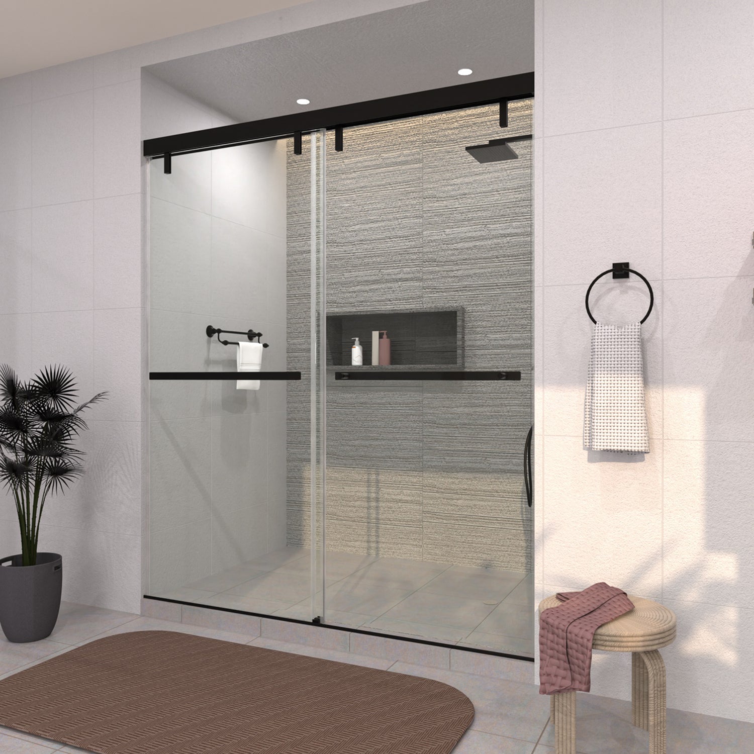 TaiMei 60 in. W x 76 in. H Sliding Semi-Frameless Shower Door with Clear Glass 3652-7260-BL14