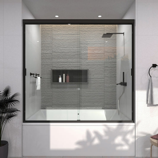 TaiMei 60 in. W x 56 in. H Sliding Semi-Frameless Tub Door with Clear Glass and Handles