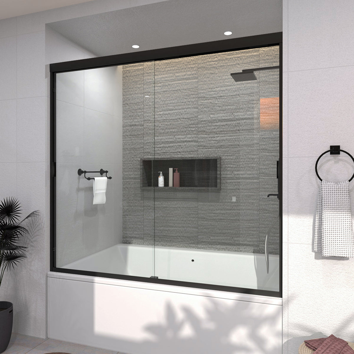 TaiMei 60 in. W x 56 in. H Sliding Semi-Frameless Tub Door with Clear Glass and Handles 37-5660-BL02_fe99fe27-c9a5-488f-8e01-20afa9ccba1a