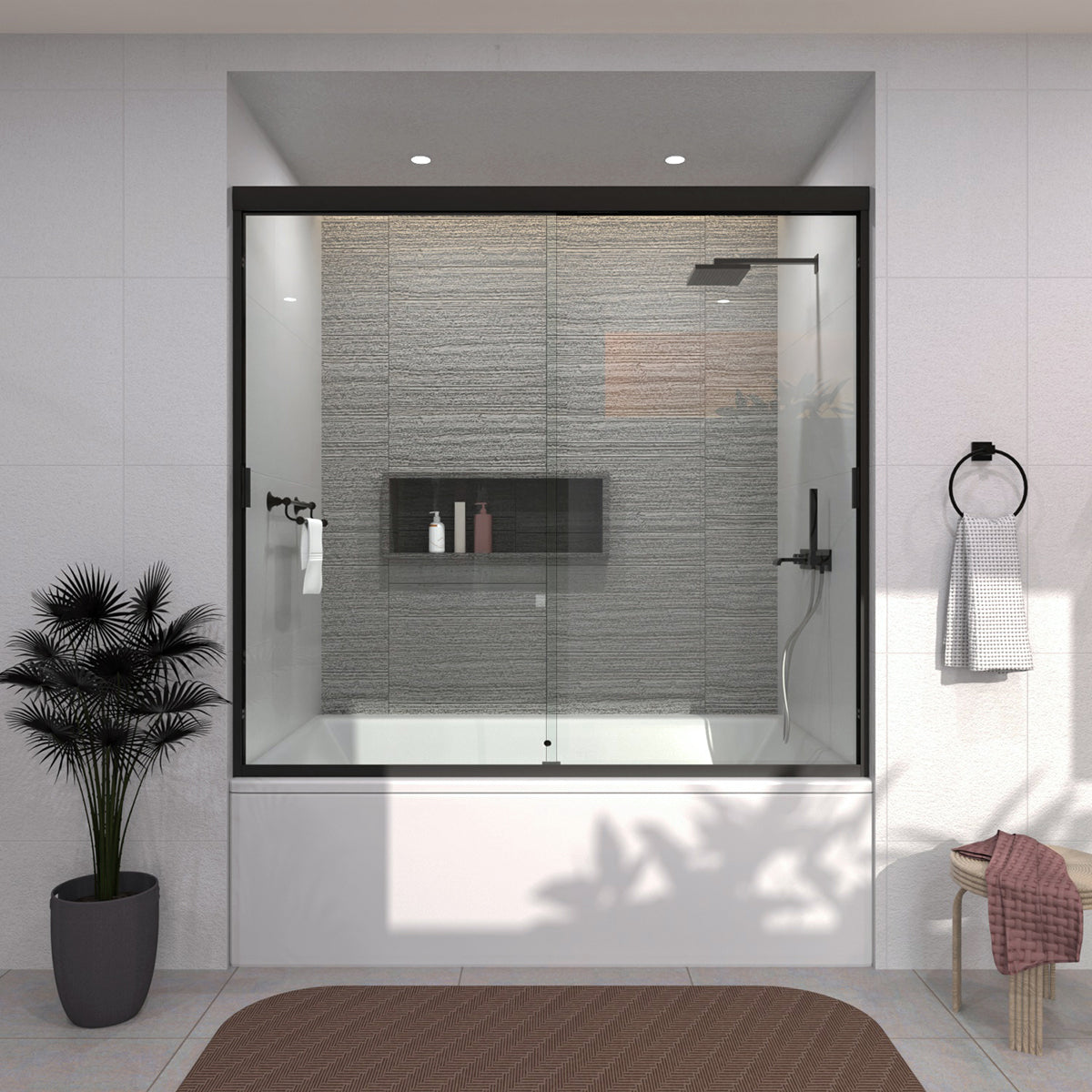 TaiMei 60 in. W x 56 in. H Sliding Semi-Frameless Tub Door with Clear Glass and Handles 37-5660-BL14_e59657fb-6bec-4b45-ba81-3ca09301722a