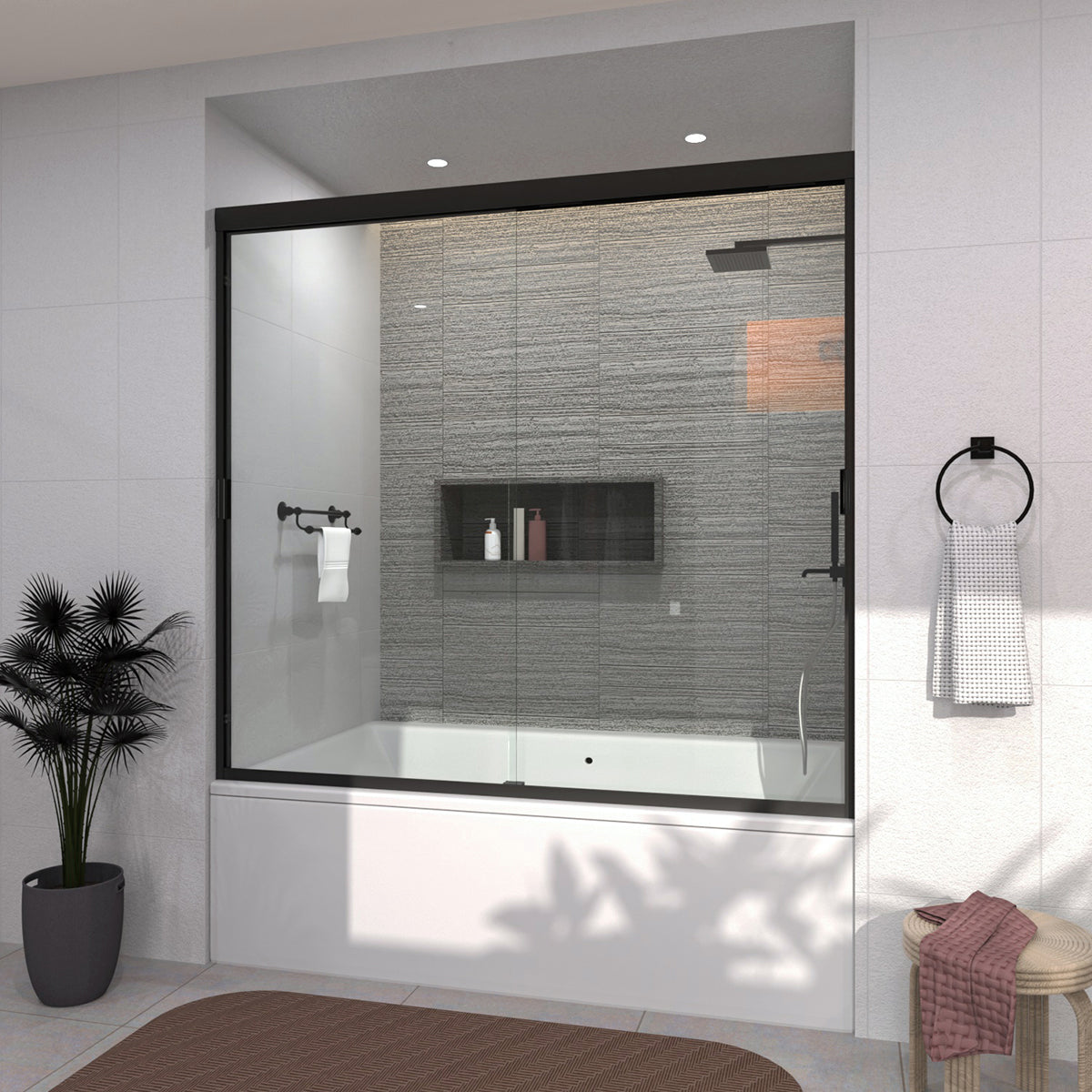 TaiMei 60 in. W x 56 in. H Sliding Semi-Frameless Tub Door with Clear Glass and Handles 37-5660-BL15_ec5959f4-893b-4a71-8995-c6de892bf62d