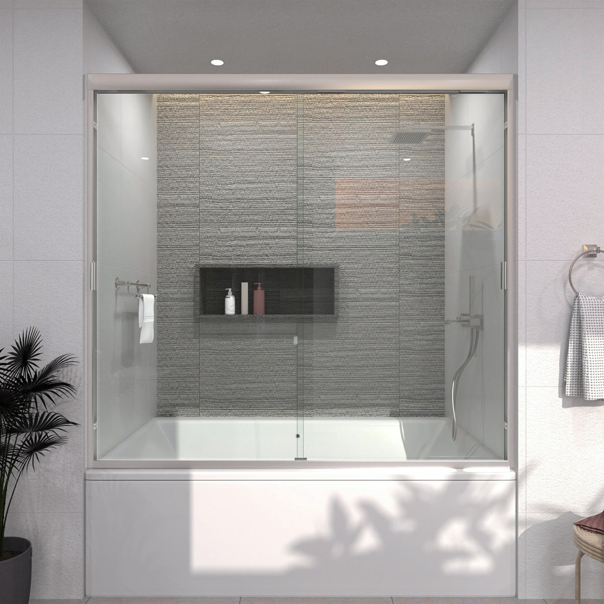 TaiMei 60 in. W x 56 in. H Sliding Semi-Frameless Tub Door with Clear Glass and Handles Brushed Nickel 37-5660-BN01_5586a0e8-b930-4596-ae4b-c60540d7b92b