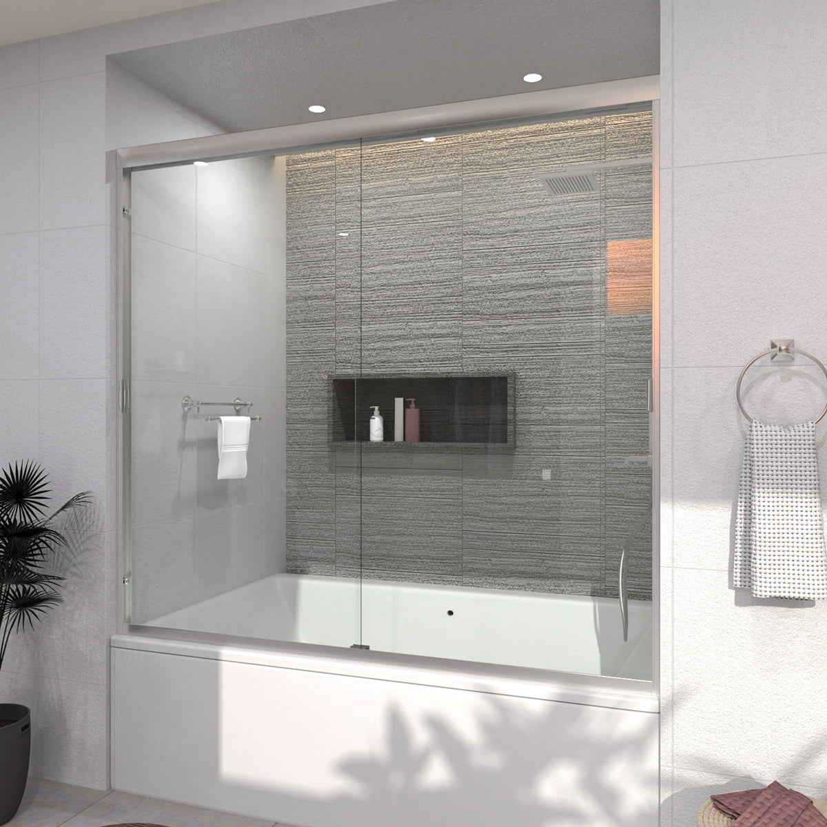 TaiMei 60 in. W x 56 in. H Sliding Semi-Frameless Tub Door with Clear Glass and Handles 37-5660-BN02_f4cb28f8-2be5-4f40-b2cc-6889f5184ffc