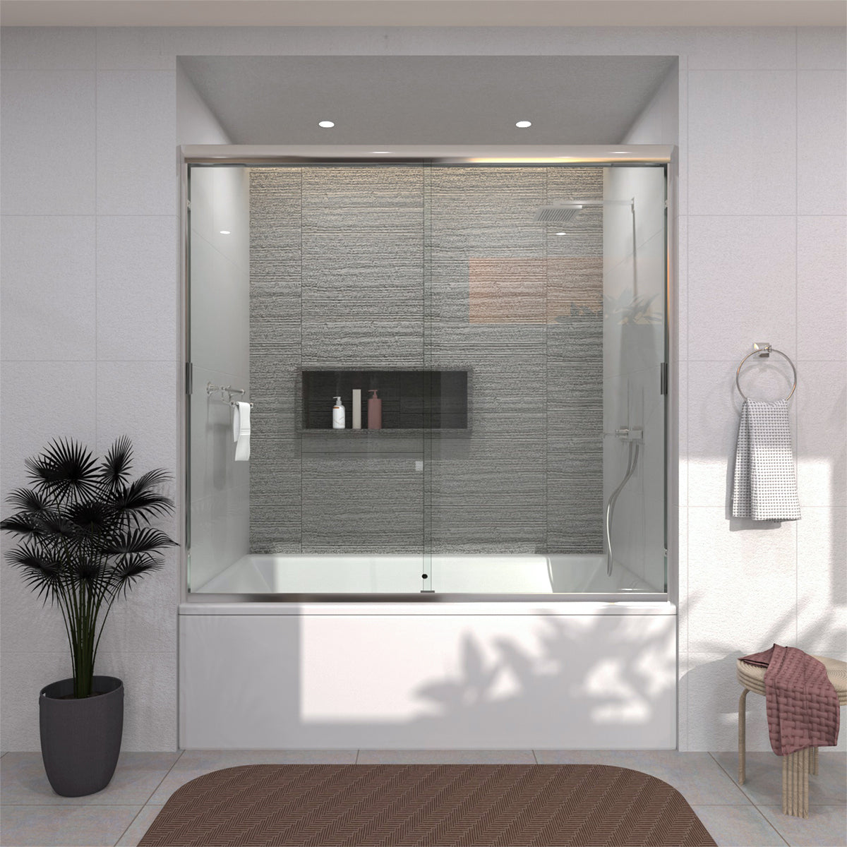 TaiMei 60 in. W x 56 in. H Sliding Semi-Frameless Tub Door with Clear Glass and Handles 37-5660-CR14_ddc5727a-2713-49d4-8188-0c737dff5505