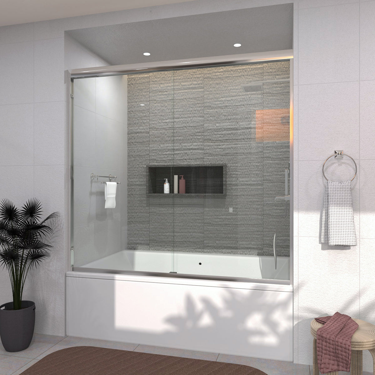 TaiMei 60 in. W x 56 in. H Sliding Semi-Frameless Tub Door with Clear Glass and Handles 37-5660-CR15_1b3cb8f2-71cb-4aaf-b2b2-8613e3cf05b4