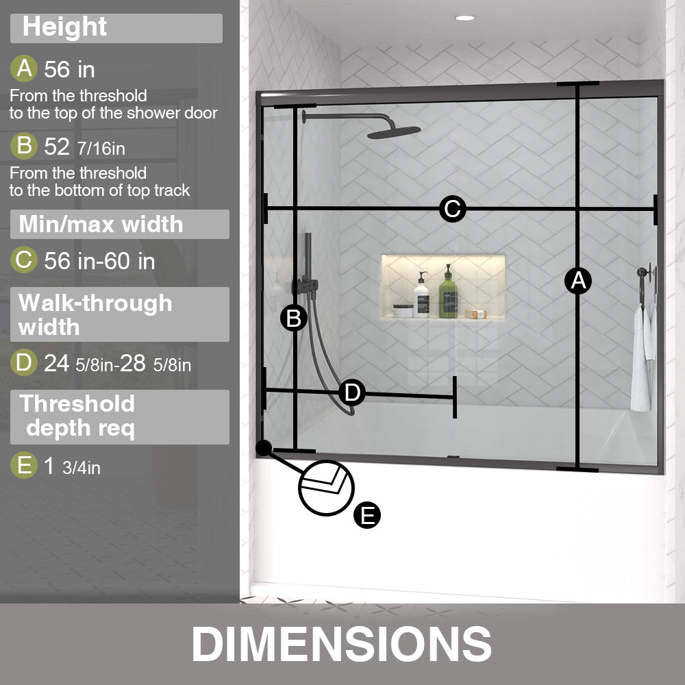 Slate 60 in. W x 56 in. H Semi-Frameless Sliding Tub Door with 1/4 in. Clear Tempered Glass 37-5660BL3