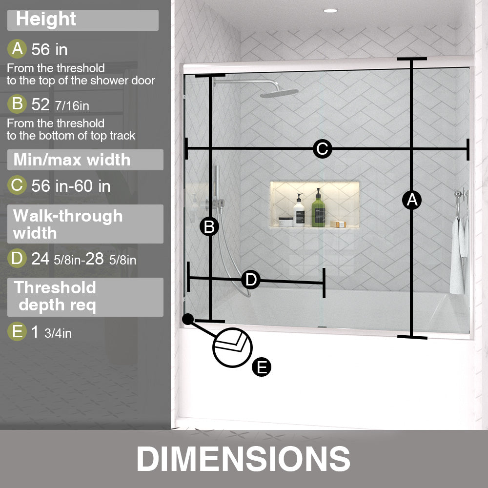 Slate 60 in. W x 56 in. H Semi-Frameless Sliding Tub Door with 1/4 in. Clear Tempered Glass 37-5660CR3