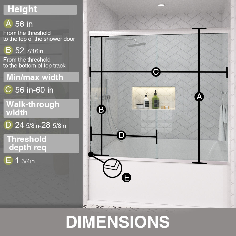 Slate 60 in. W x 56 in. H Semi-Frameless Sliding Tub Door with 1/4 in. Clear Tempered Glass 37-5660NK3