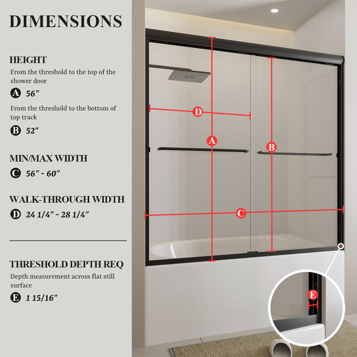 Nivorix Ridge 56 in. W x 60 in. H Sliding Semi-Frameless Tub Door with Clear Glass