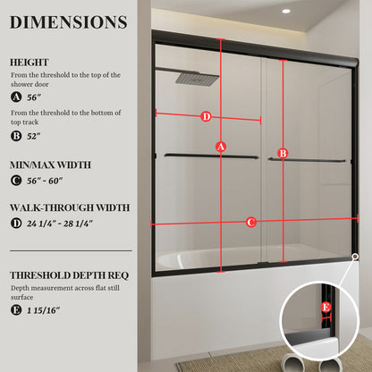 Nivorix Ridge 56 in. W x 60 in. H Sliding Semi-Frameless Tub Door with Clear Glass