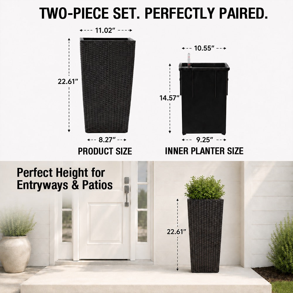 Cendra 22 in. Black Faux Rattan Polypropylene Self-Watering Square Planter (2-Pack) for Indoor/Outdoor Use