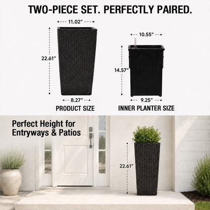Cendra 22 in. Black Faux Rattan Polypropylene Self-Watering Square Planter (2-Pack) for Indoor/Outdoor Use