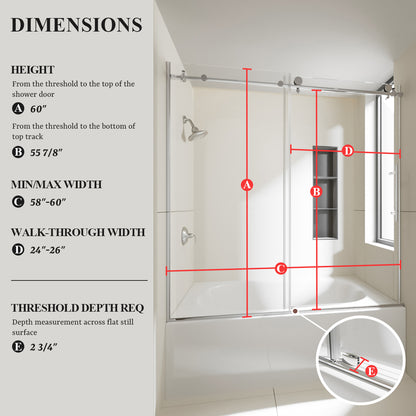 Nivorix Nexus 60 in. W x 60 in. H Sliding Semi-Frameless Tub Door with Clear Tempered Glass