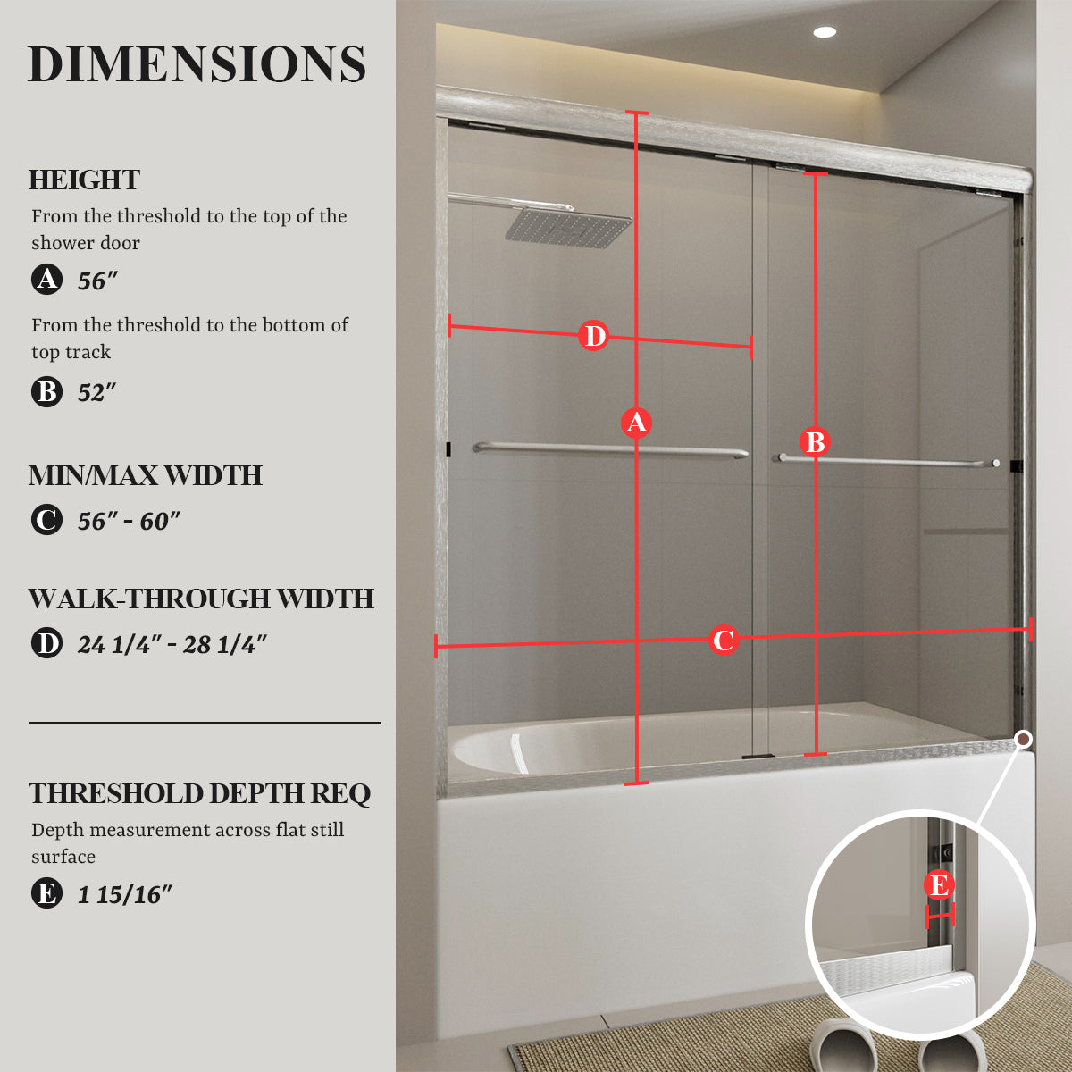 Nivorix Ridge 56 in. W x 60 in. H Sliding Semi-Frameless Tub Door with Clear Glass