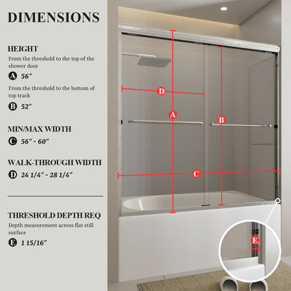 Nivorix Ridge 56 in. W x 60 in. H Sliding Semi-Frameless Tub Door with Clear Glass