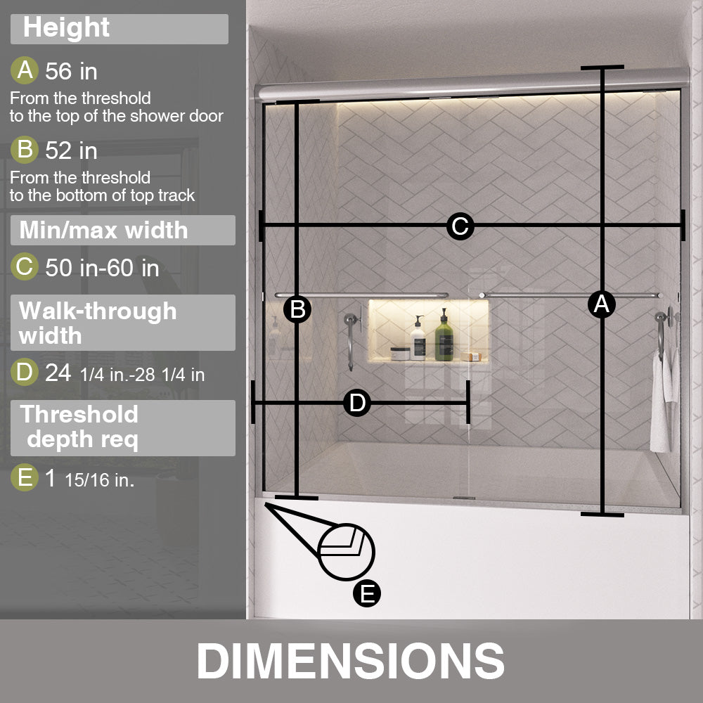 Shine 60 in. W x 56 in. H Semi-Frameless Sliding Tub Door with 1/4 in. Clear Tempered Glass 3_984733da-ad36-428d-963e-e64f01af83be