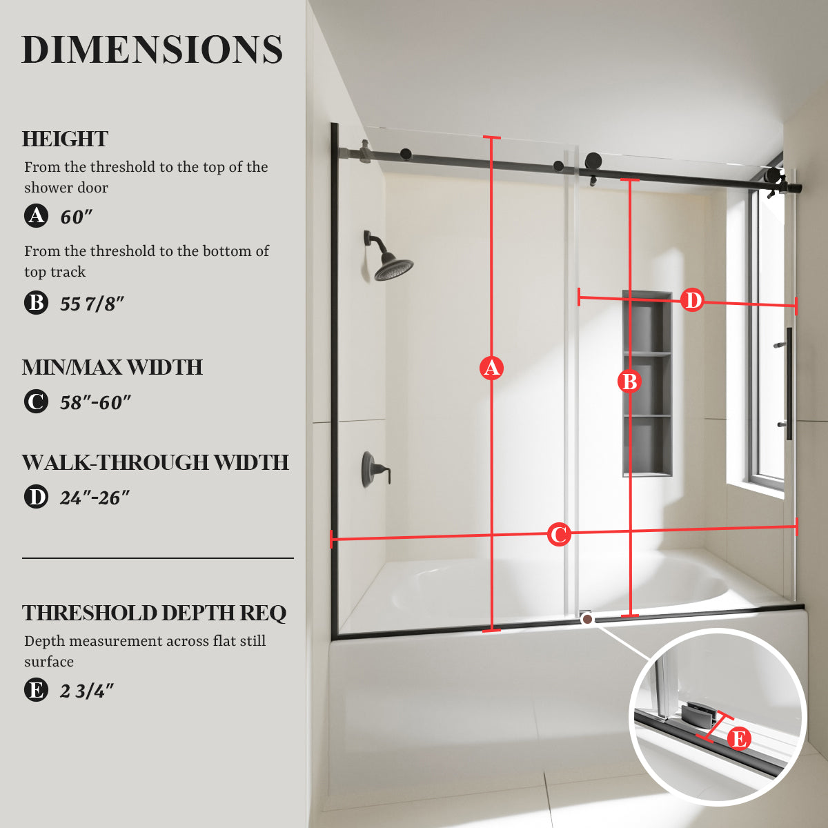 Nivorix Nexus 60 in. W x 60 in. H Sliding Semi-Frameless Tub Door with Clear Tempered Glass