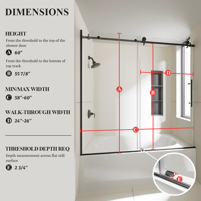 Nivorix Nexus 60 in. W x 60 in. H Sliding Semi-Frameless Tub Door with Clear Tempered Glass
