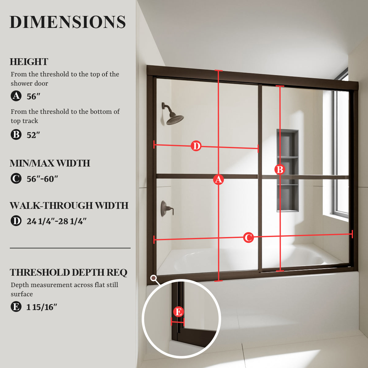 Nivorix Cleo 59 in. W x 56 in. H Sliding Framed Tub Door with Clear Tempered Glass